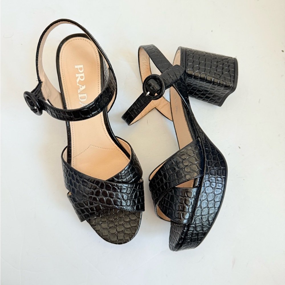 Prada Black Embossed Croc effect leather Quarter strap platform sandals EU 38 - Picture 2 of 9